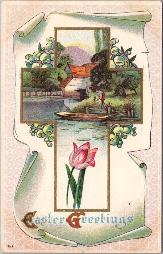 Vintage EASTER Greetings Postcard Lake / Boat Scene / Cross Border -1913 Cancel