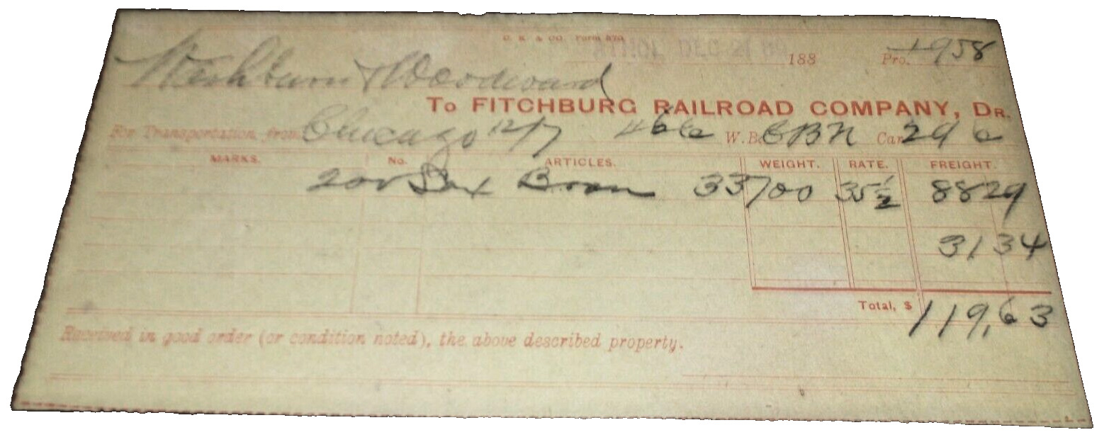 DECEMBER 1886 FITCHBURG RAILROAD FREIGHT RECEIPT