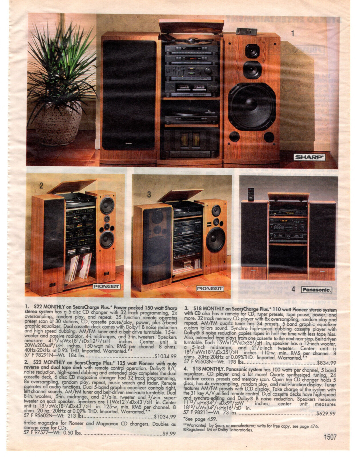 Sears Stereo Systems SHARP PANASONIC PIONEER 1991 Vintage Print Ad Original