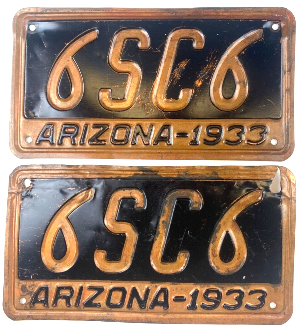 Arizona 1933 License Plate Copper Auto Set Vintage Garage Man Cave Collector