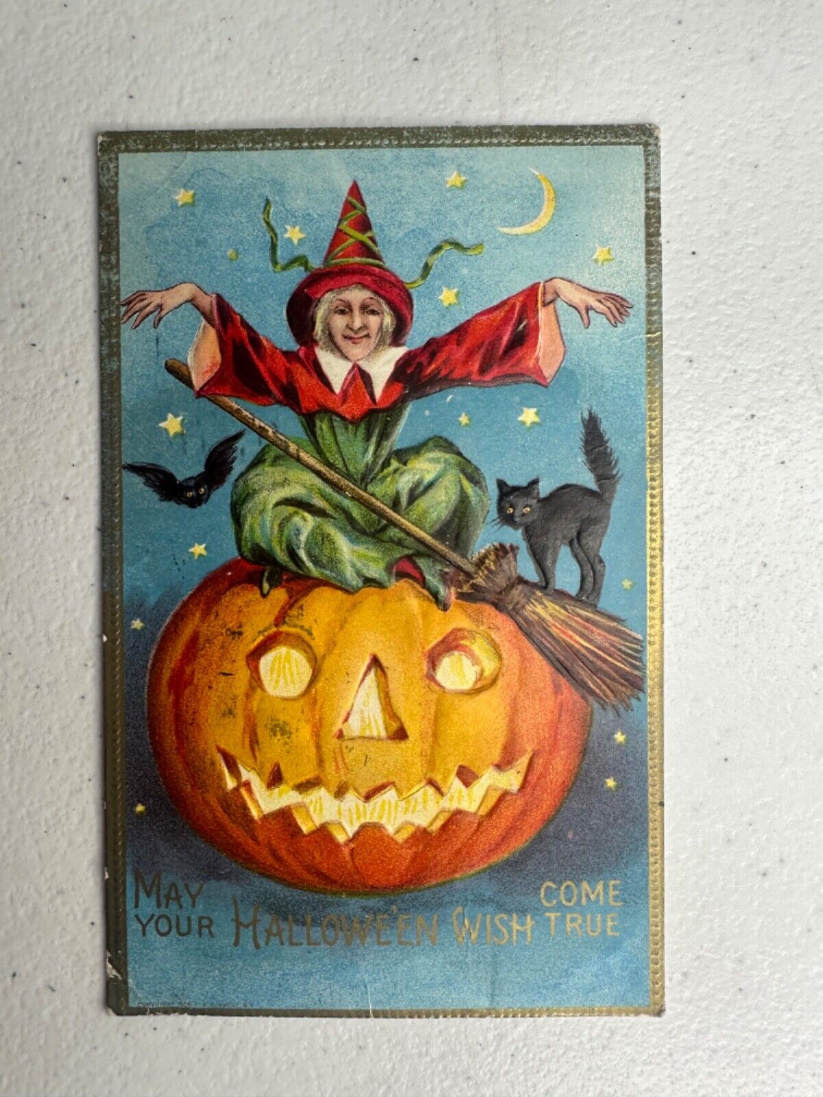 1911 Antique Halloween Postcard Embossed Witch, Pumpkin, Bat & Black Cat Iowa