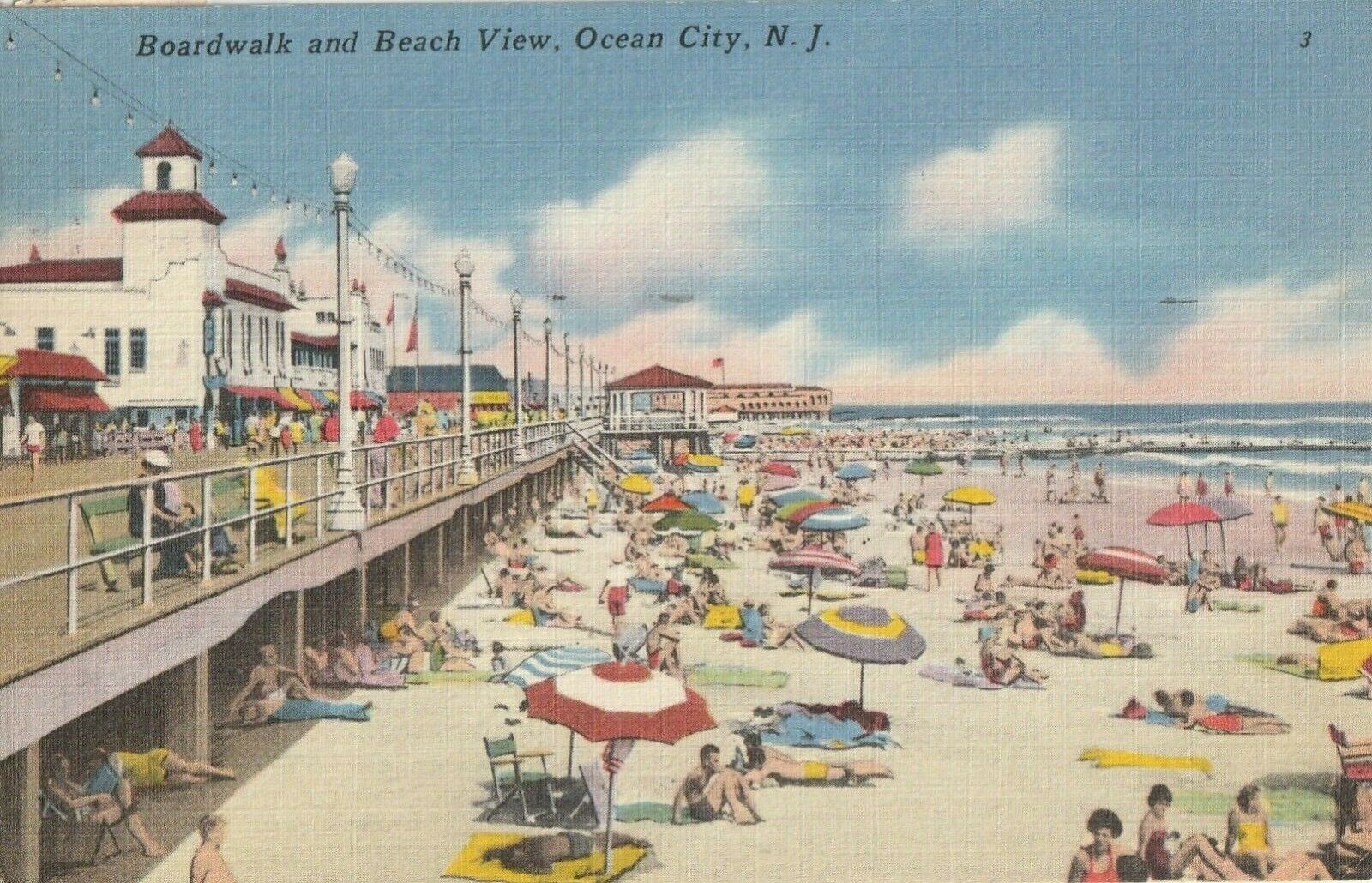 Postcard Boardwalk and Beach View Ocean City New Jersey W/Ocean City Postmark