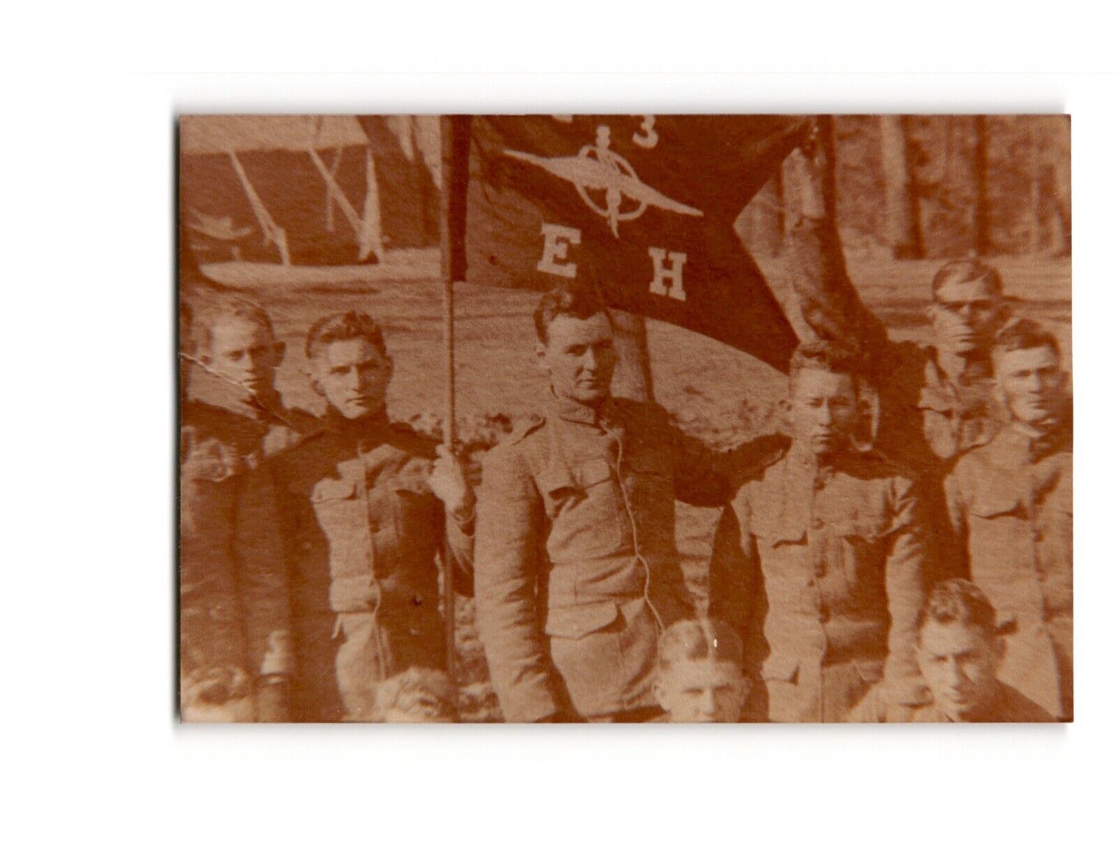 Historical WWI Soldiers with Flag Vintage Snapshot