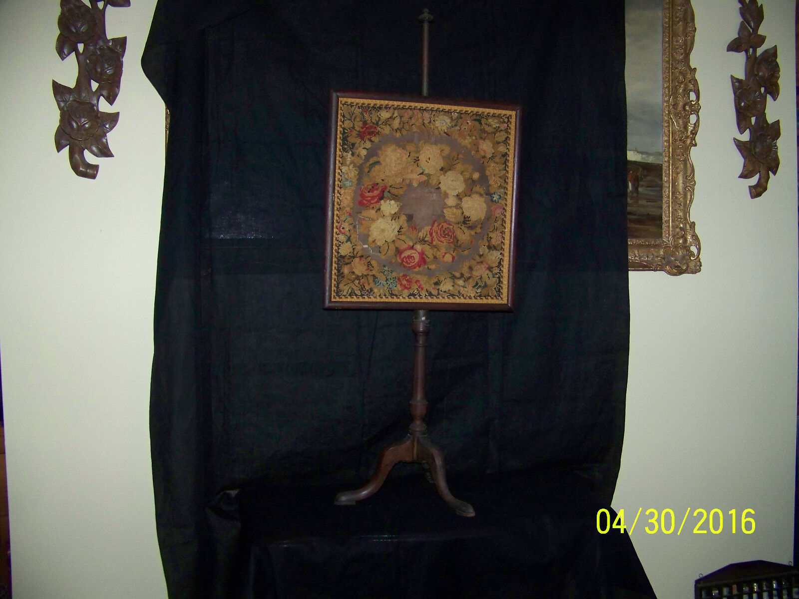 Antique c1770\'s  Massachusetts Hand Done Floral Embroidery Pole Fire Screen 