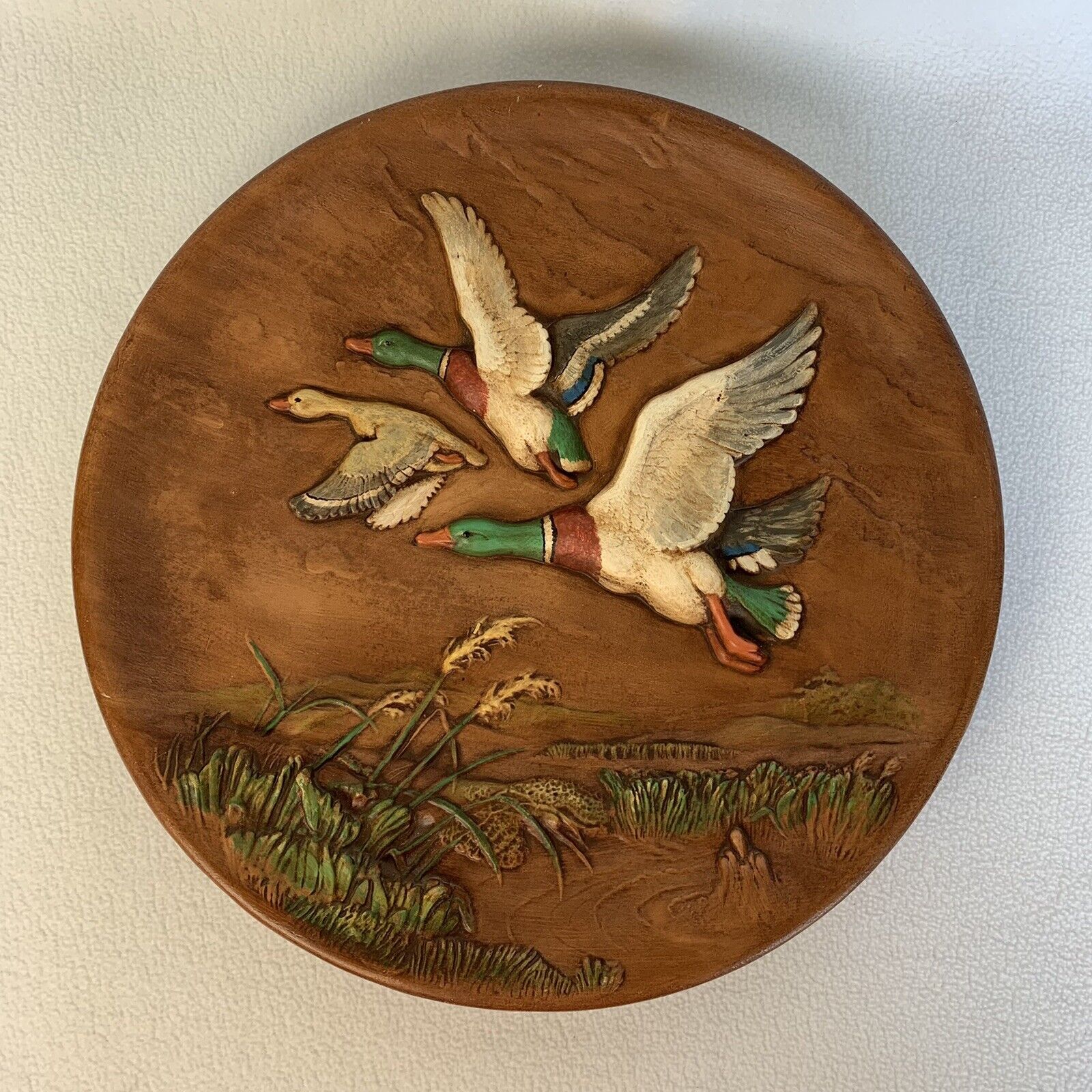 Vintage Flying Ducks Chalkware Ceramic Plate 14” Wall Decor 3 D Hand Painted
