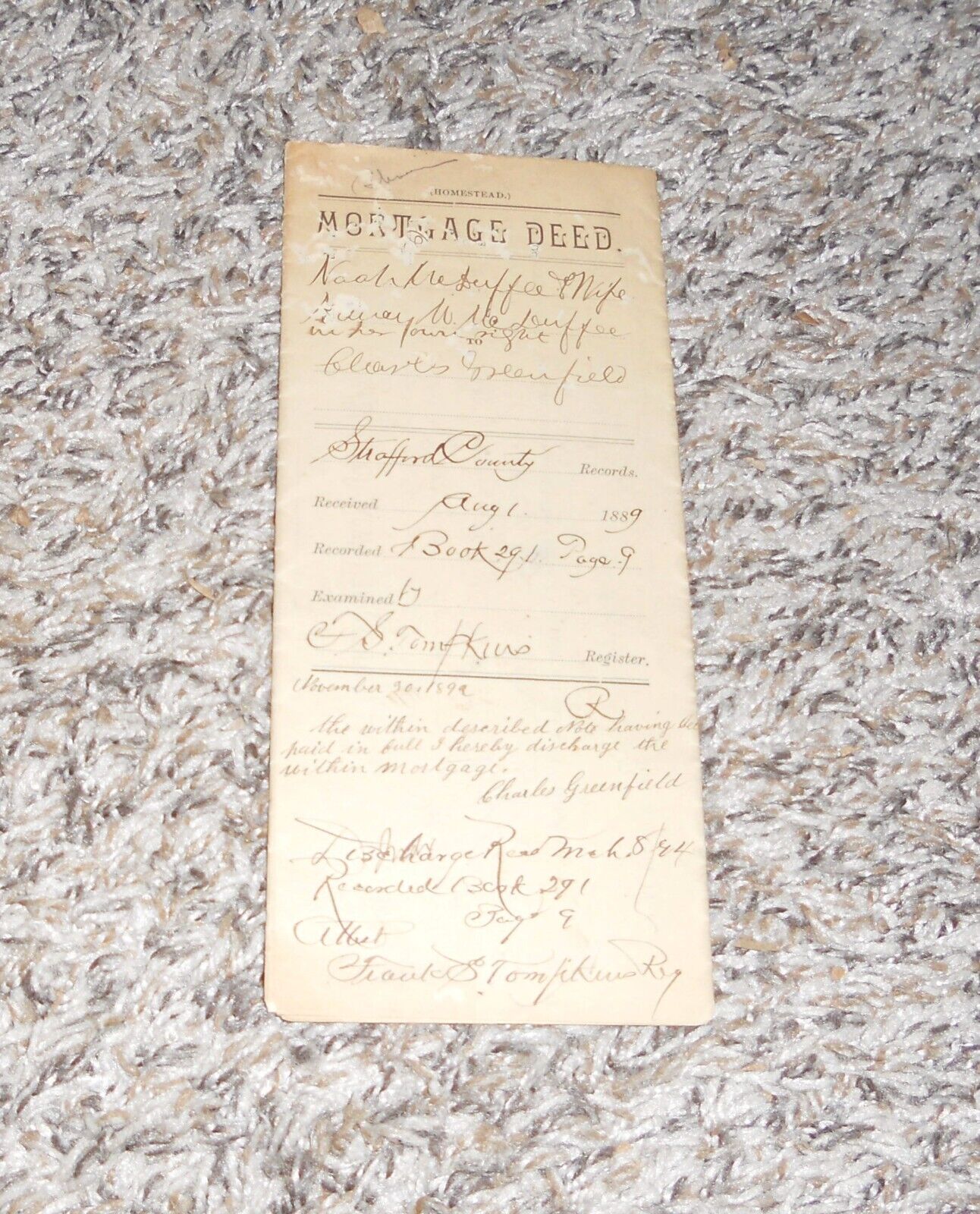 ANTIQUE 1889 ROCHESTER NH NEW HAMPSHIRE MORTGAGE DEED