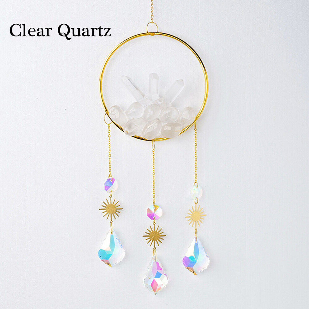 Natural Crystal Cluster Tumbled Stone Hanging Wind Chime Moon Sun Catcher Gifts