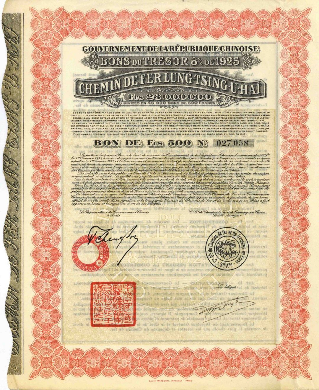 500 Francs Chemin de Fer Lung-Tsing-U-Hai 1925 Bond - Becoming Very Rare (Uncanc