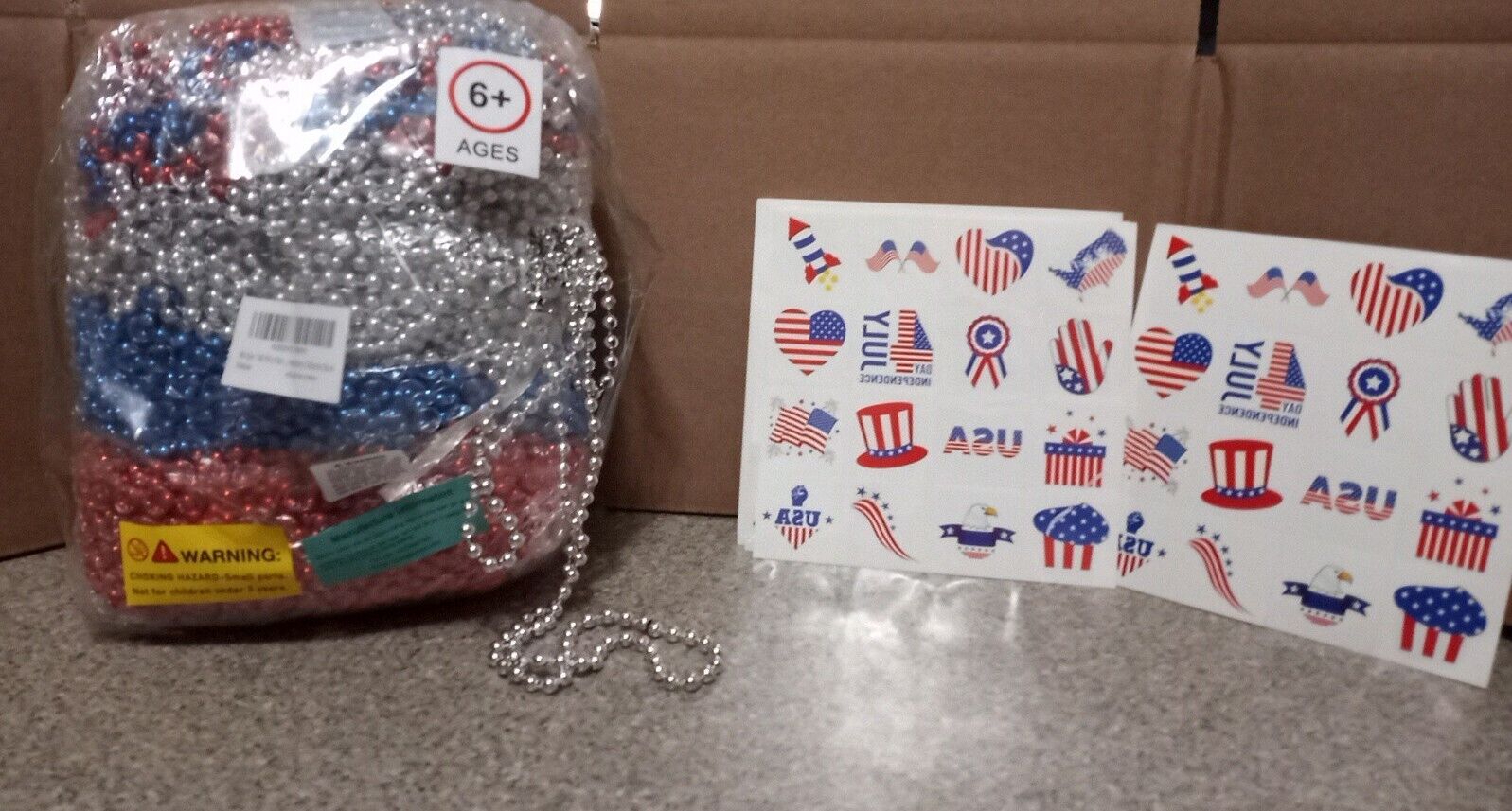 140pcs Bead Necklaces + Patriotic Temporary Tattoos RED WHITE AND BLUE  SEE PICS