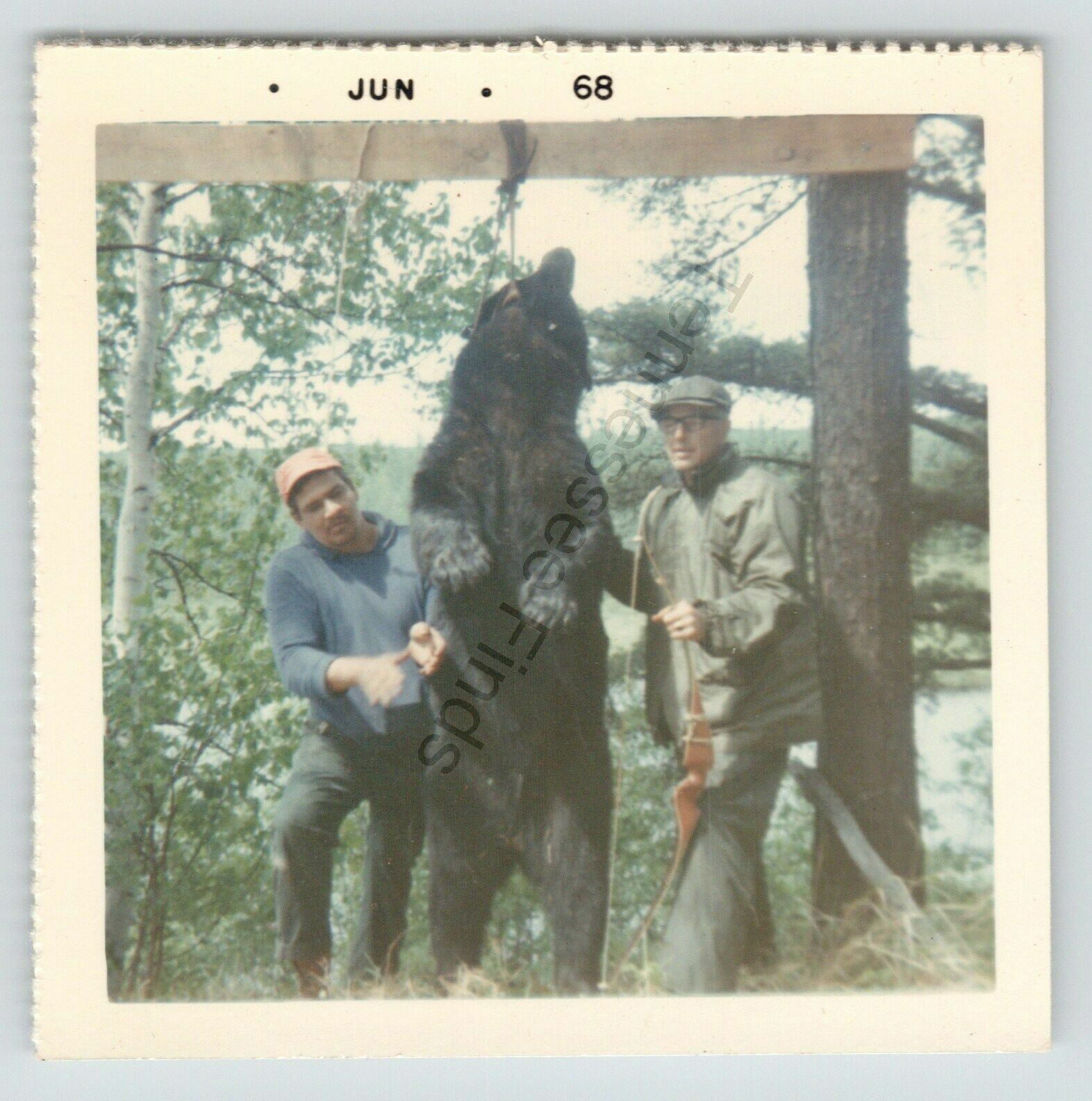 Two Men Standing Next to Black Bear Hunting 1968 60s Photo Picture Archery Bow
