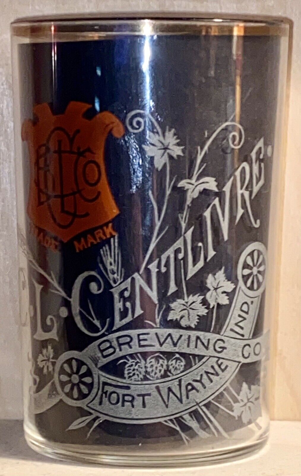 C. L. Centlivre Brewing Co., Etched Bar Glass, Ft. Wayne, IN., Pre-Prohibition