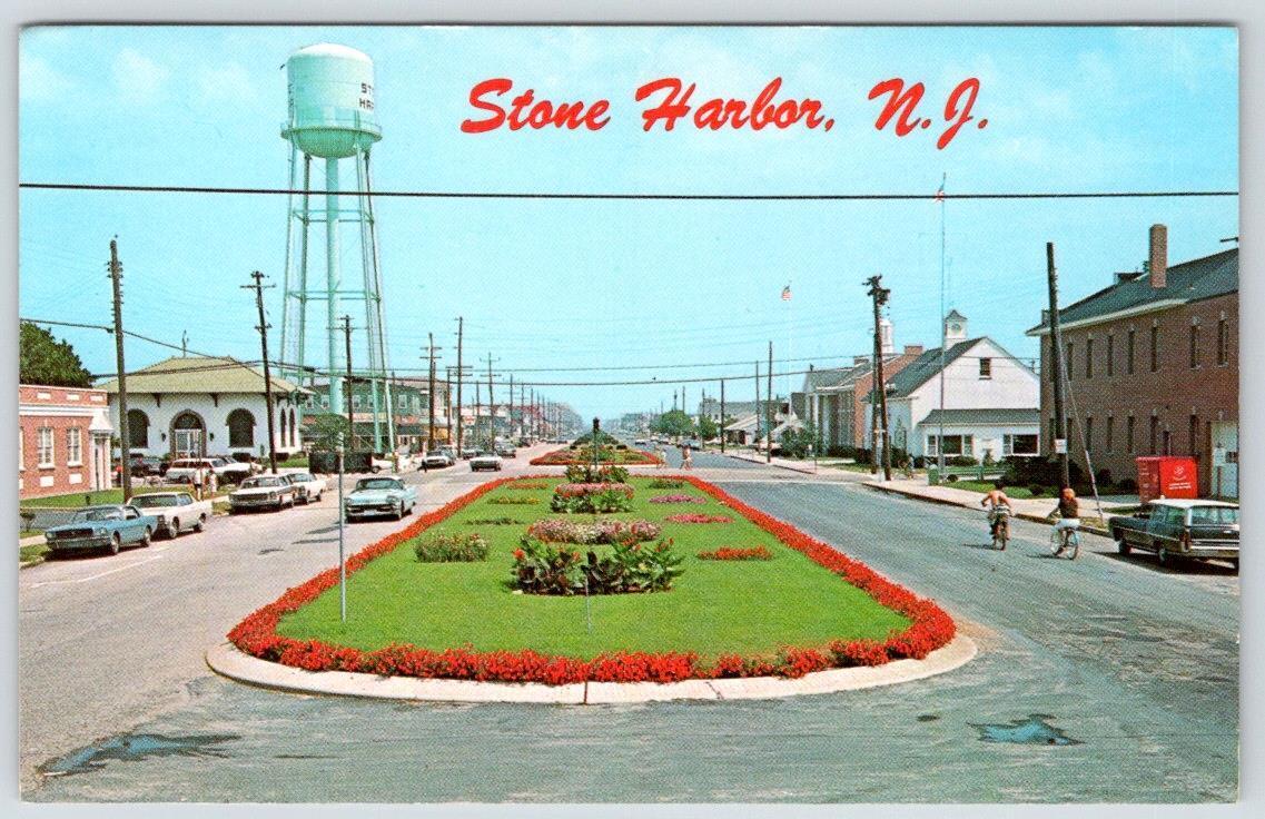 1960-70\'s STONE HARBOR NJ HARBOR CLASSIC CARS MUSTANG WATER TOWER POSTCARD