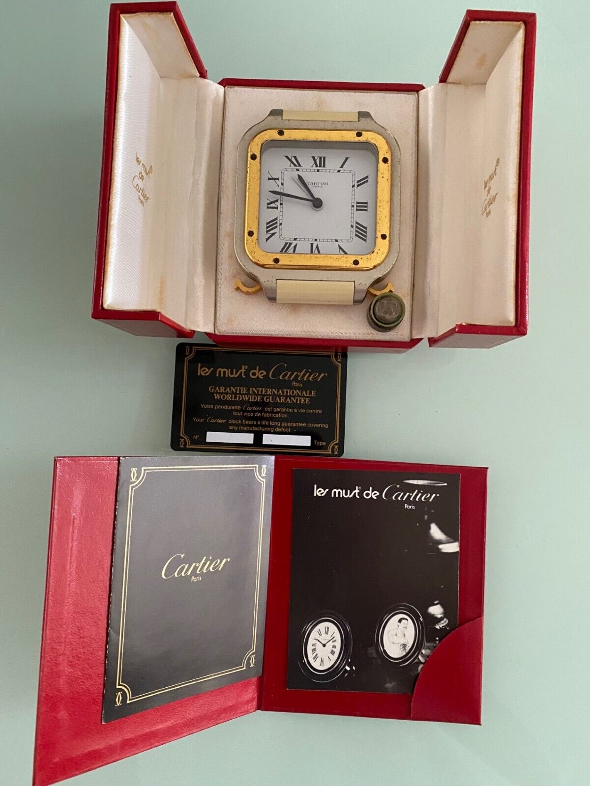 SANTOS de Cartier Table Desk Alarm Clock mod 7508 with box, manual, certificate