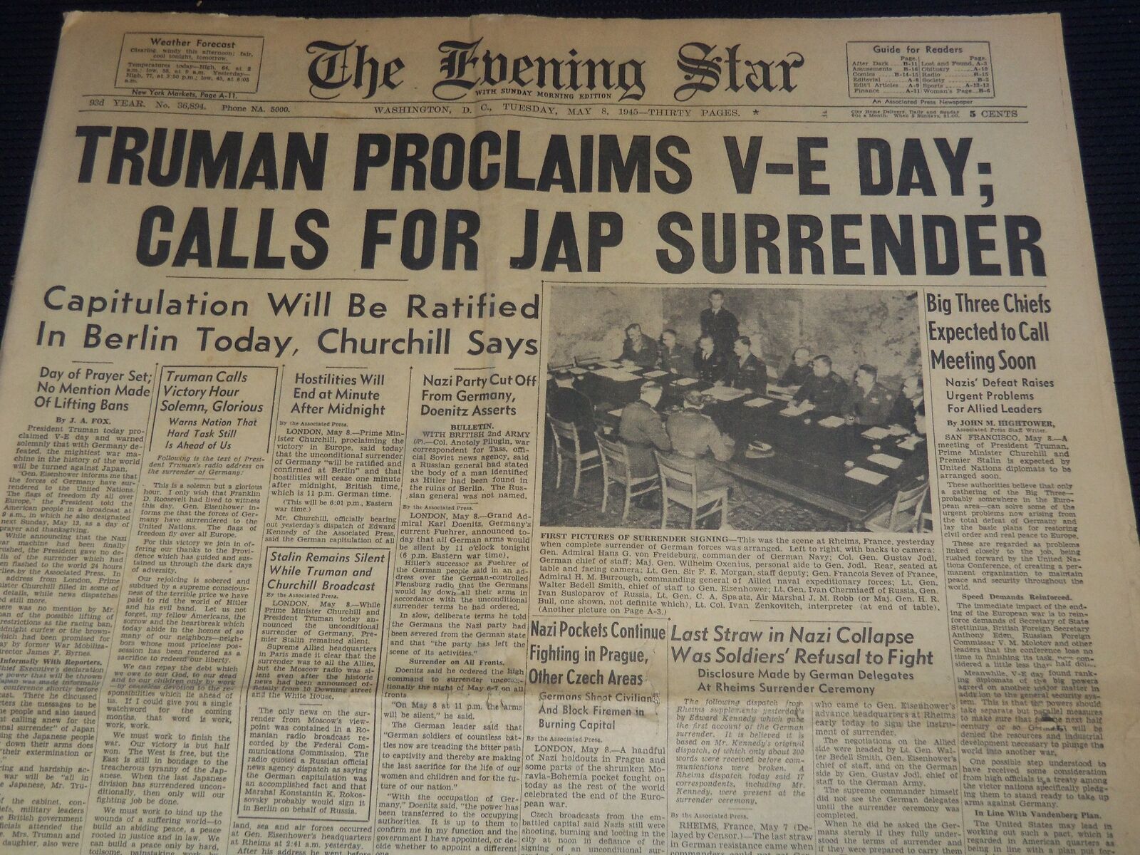 1945 MAY 8 THE EVENING STAR NEWSPAPER - TRUMAN PROCLAIMS - V-E DAY - NT 9457