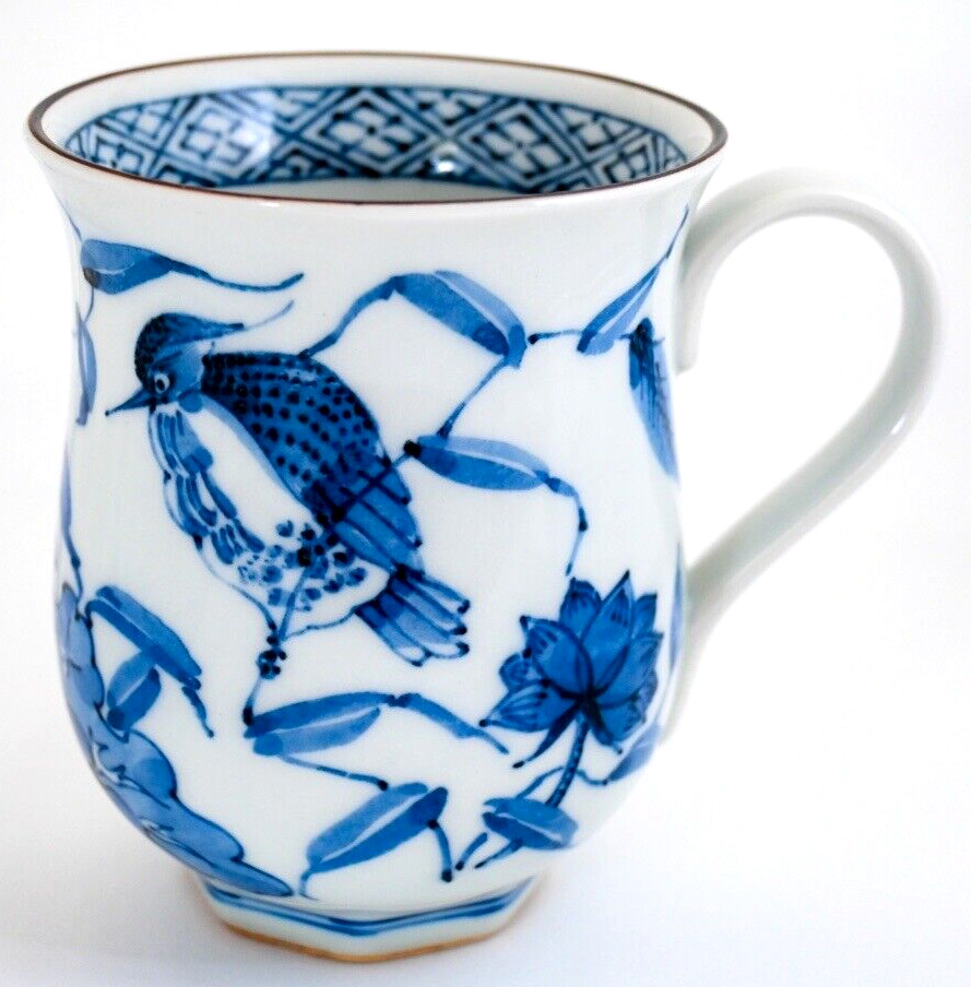 Vintage Japanese Mug Cup Blue & White Bird on the Lotus Porcelain Seto ware