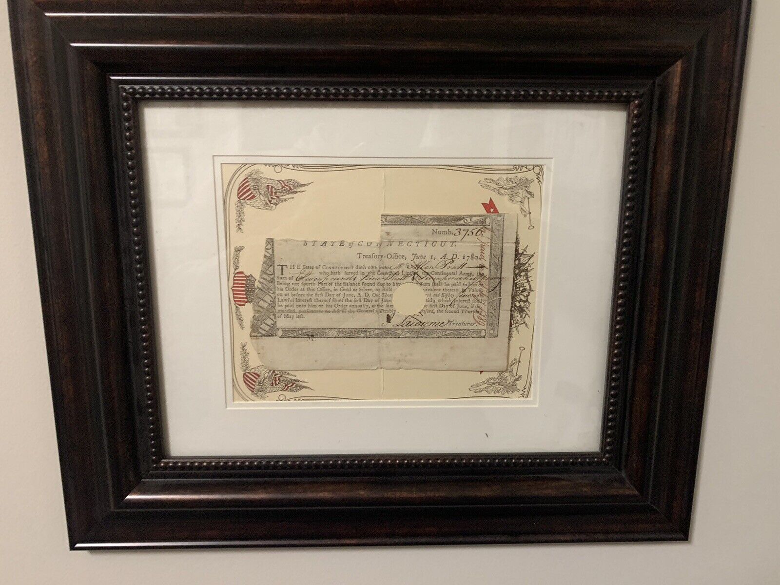 Framed 1780 Revolutionary War Document Connecticut Pay Order Bond Americana