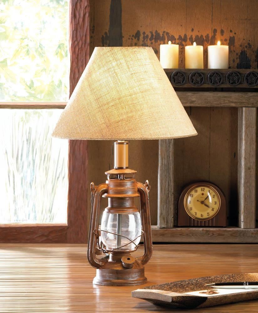VINTAGE STYLE OLD FASHIONED RUSTIC CAMPING OIL LAMP BEDSIDE END TABLE LAMP SHADE