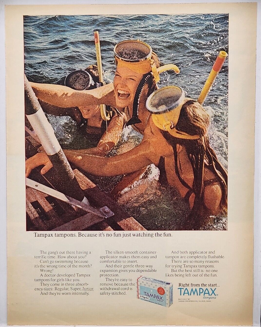 1971 Tampax Tampons Scuba Divers Vintage Color Print Ad