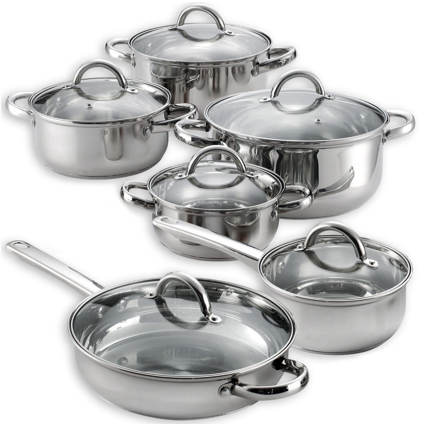 Heim's 12 Pieces Cooking Pots and Pans Kitchen Stainless Steel Cookware Set Lids