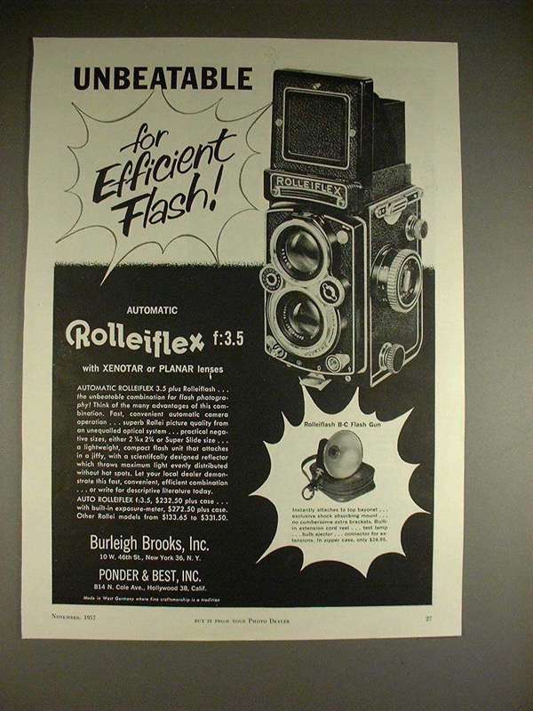 1957 Rollei Rolleiflex f:3.5 Camera Ad, Efficient Flash