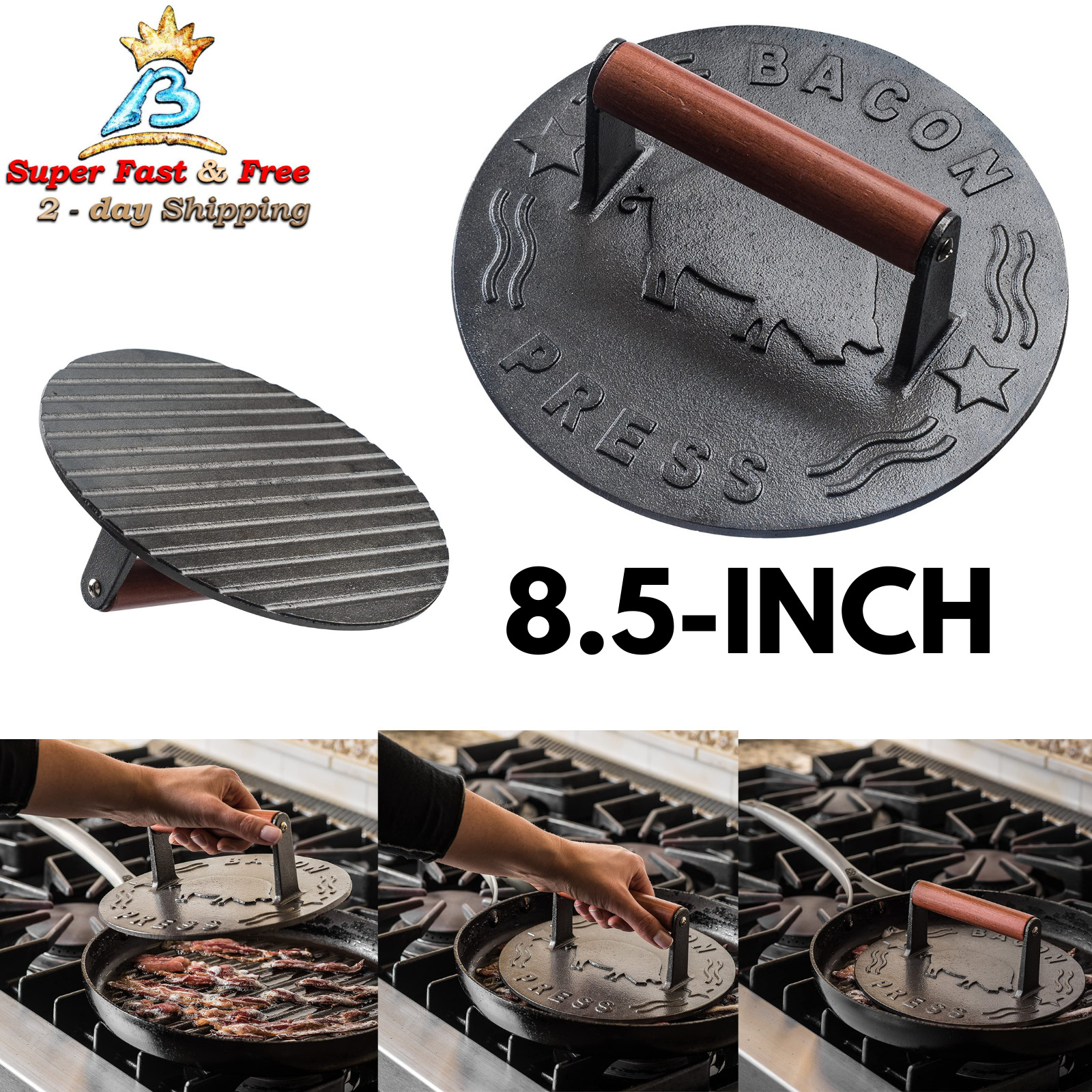 Cast Iron Grill Press Heavy Duty Bacon Press with Wood Handle 8.5 Inch Round NEW