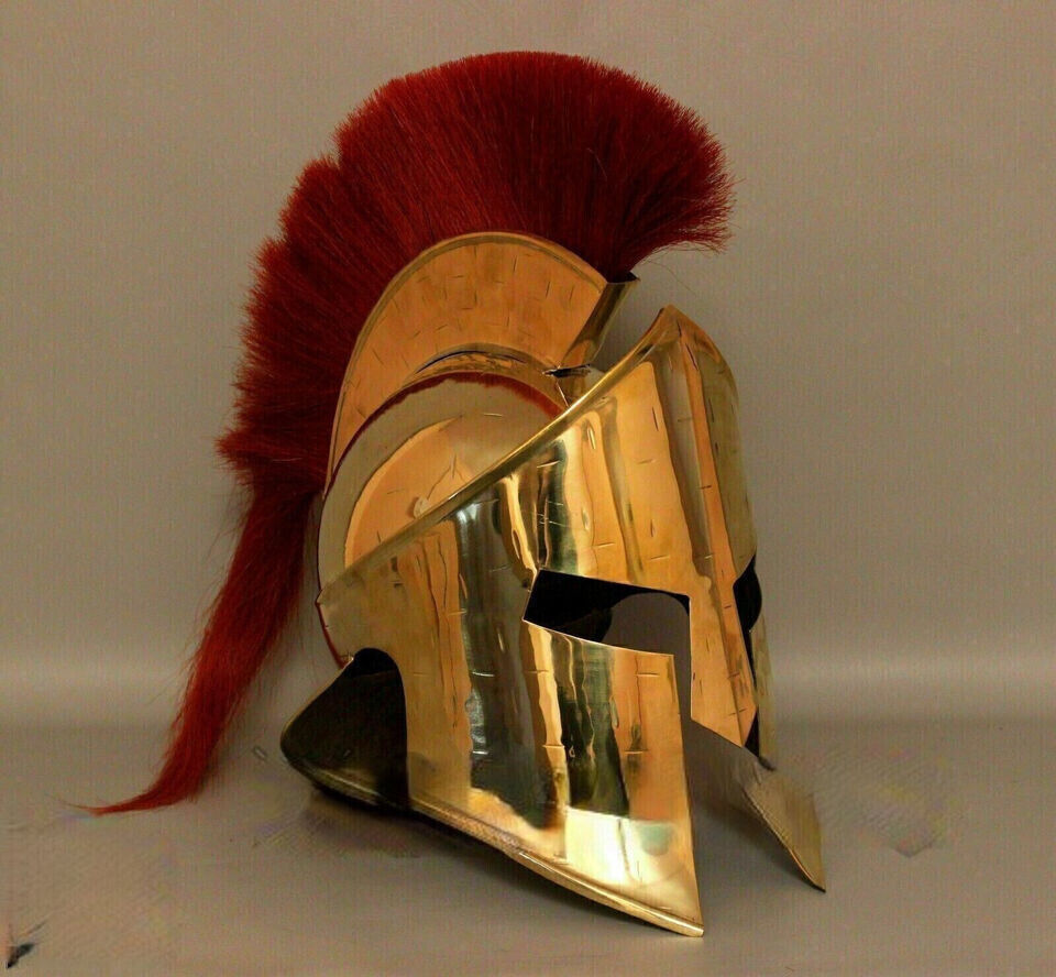 Medieval Vintage 300 King Leonidas Spartan Helmet Gold Finish With Red Plume kkm