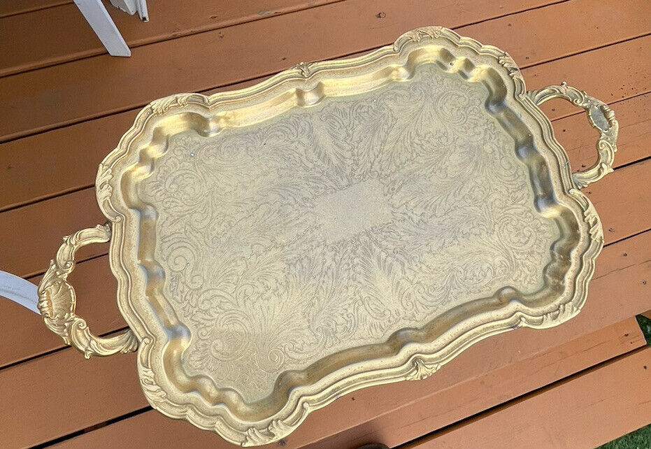 Vintage Gold Plate Butler Tray Etched Footed Ornate Serving Tray 24.5”X 14”