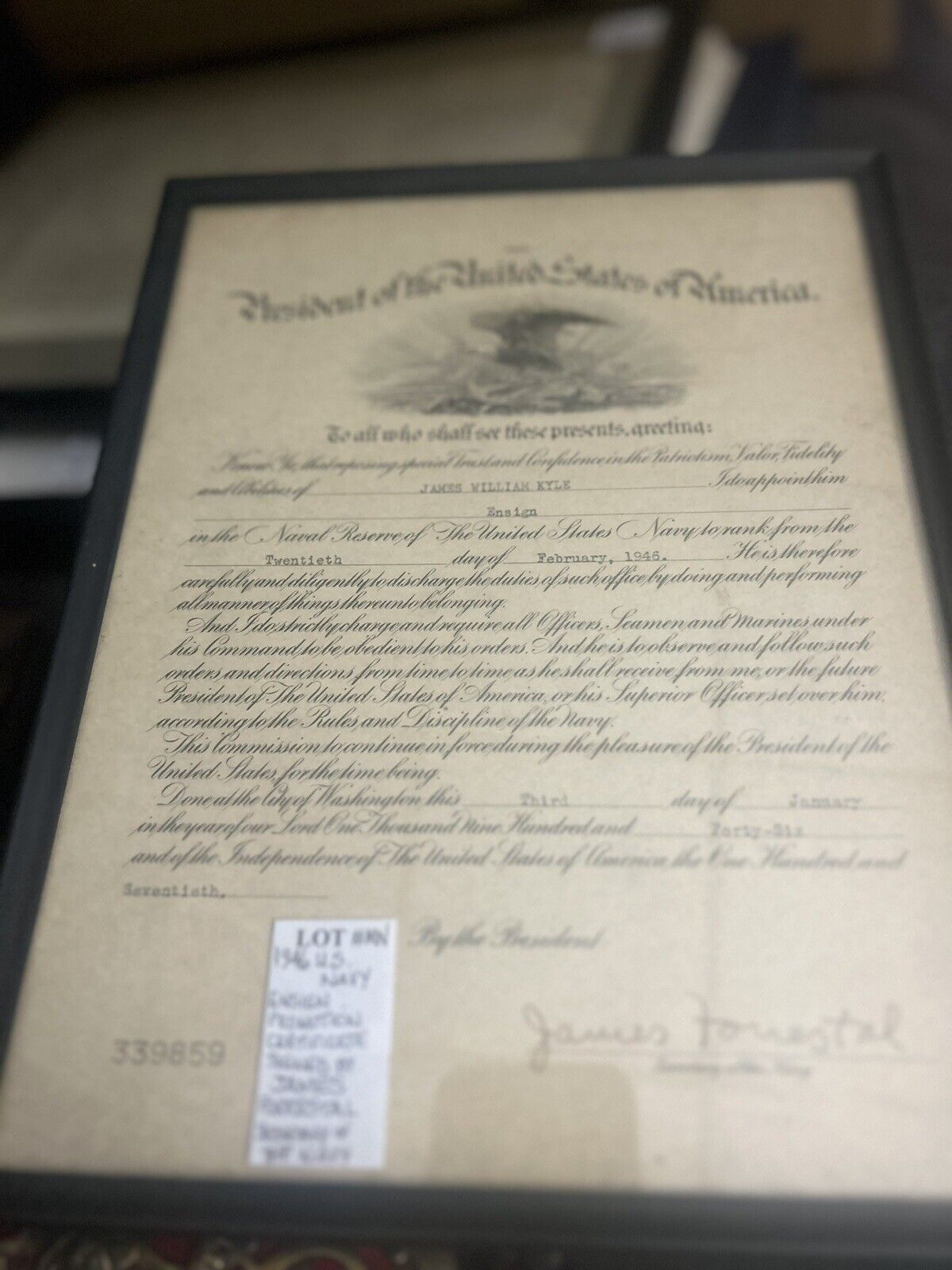 1946 James Forrestal Signature USN Ensign Official Document To Capt William Kyle