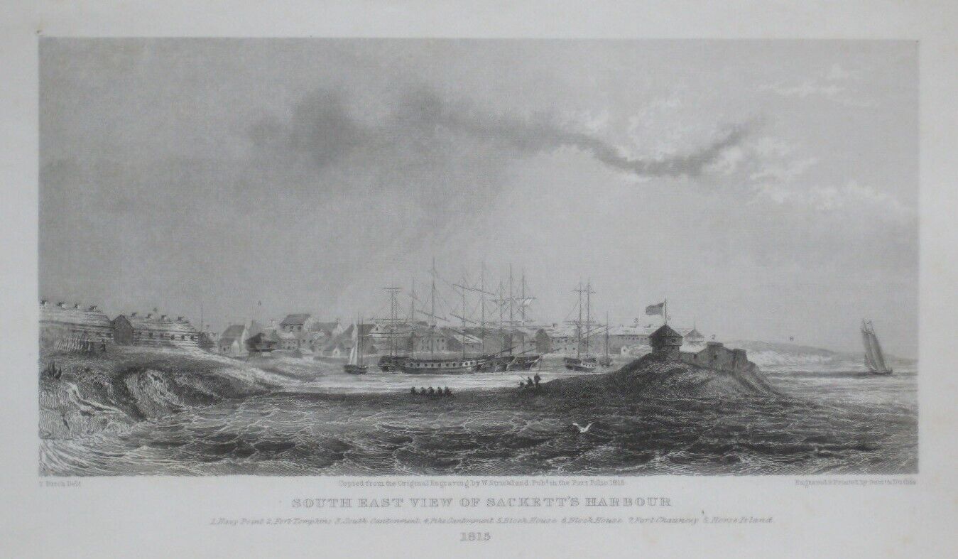 Original Antique Engraving SACKET\'S HARBOR 1815 Sailing Ships Forts Lake Ontario