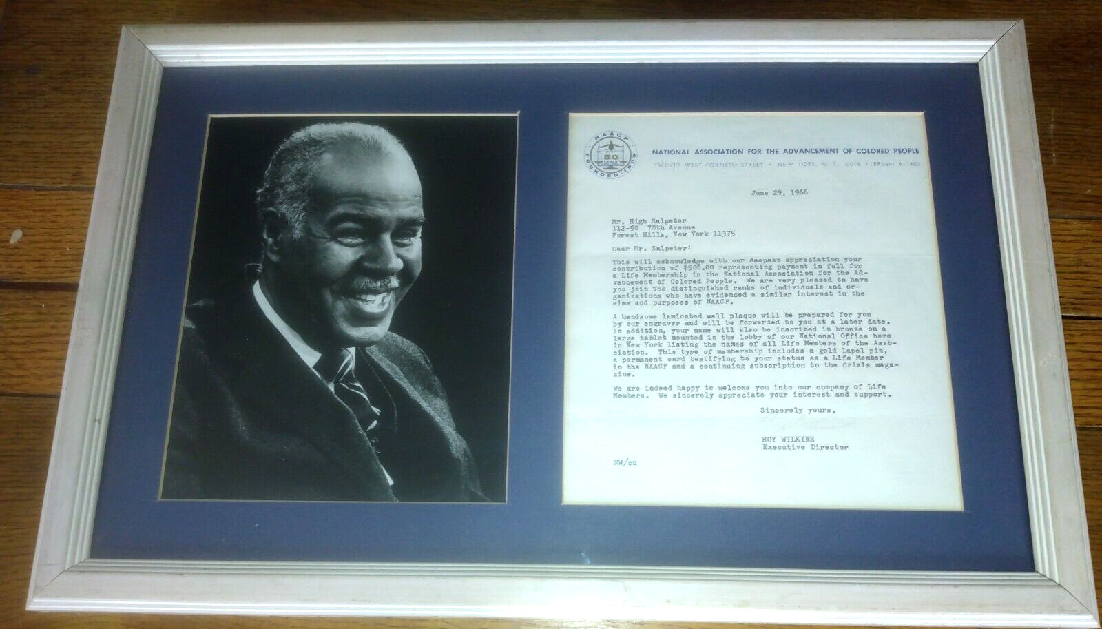 ROY WILKINS Signed 1966 NAACP Letter Handsomely Framed with 8x10 B/W Photograph