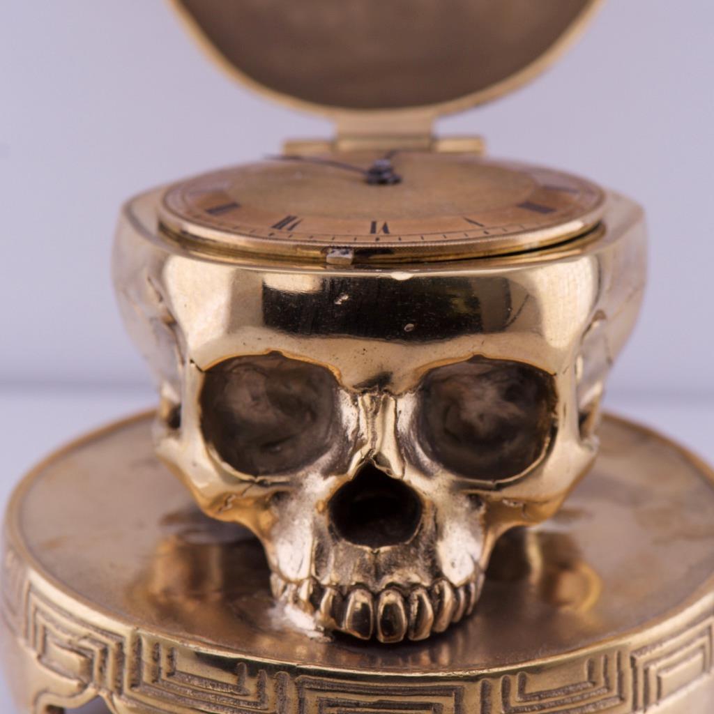 Antique Skull Desk Table Clock French Ormolu Gilt Bronze Verge Fusee c1800s RARE