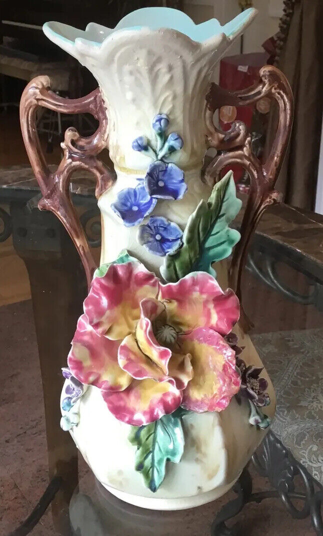 Barbotine Majolica Vase chips to flowers and leaves as is