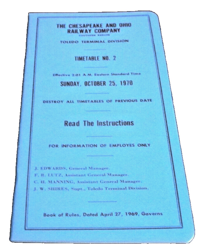 OCTOBER 1970 C&O CHESAPEAKE & OHIO TOLEDO TERMINAL EMPLOYEE TIMETABLE #2