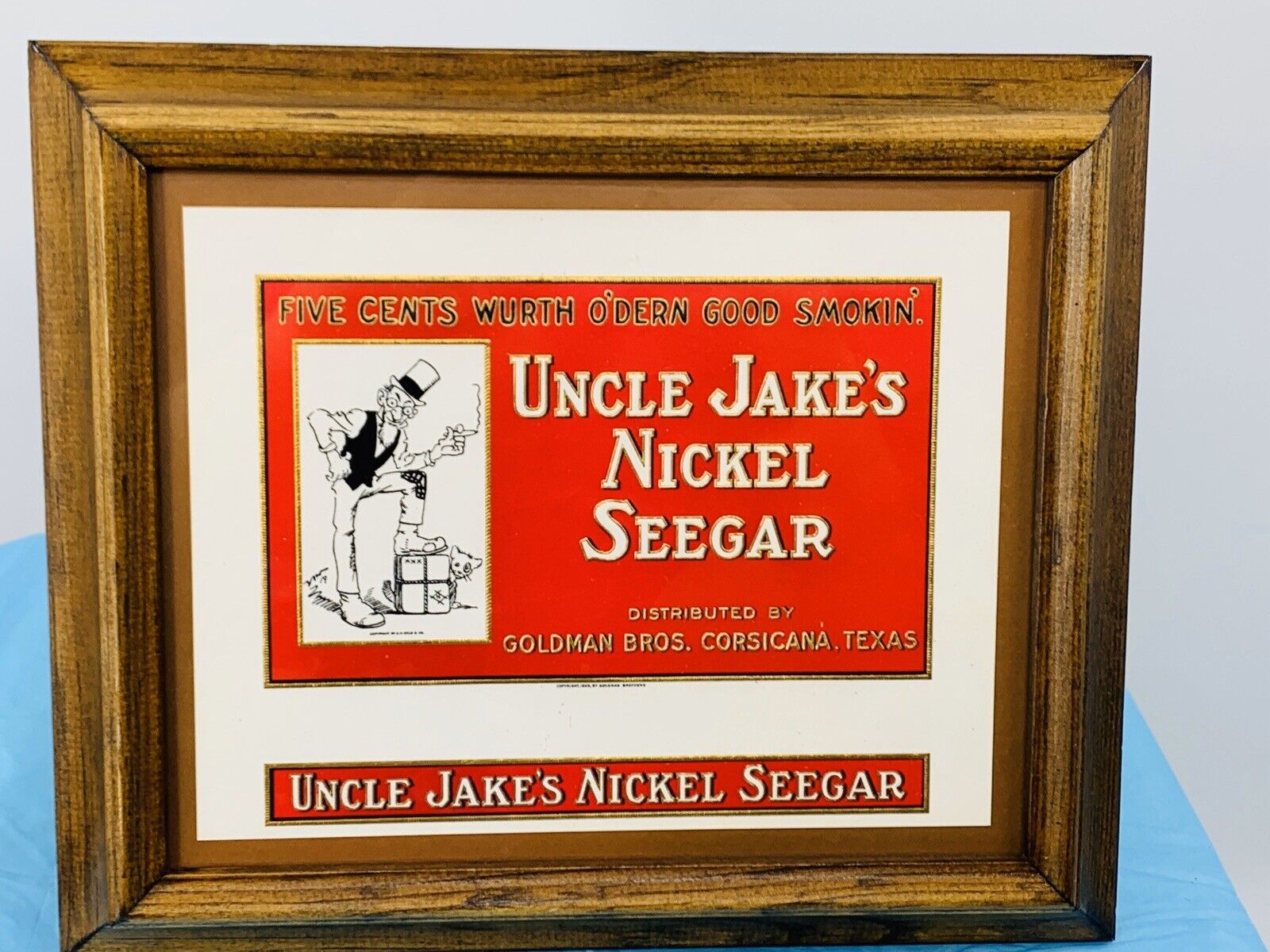 VINTAGE Original 1925 CIGAR LABEL UNCLE JAKE\'S NICKEL SEEGAR  Framed