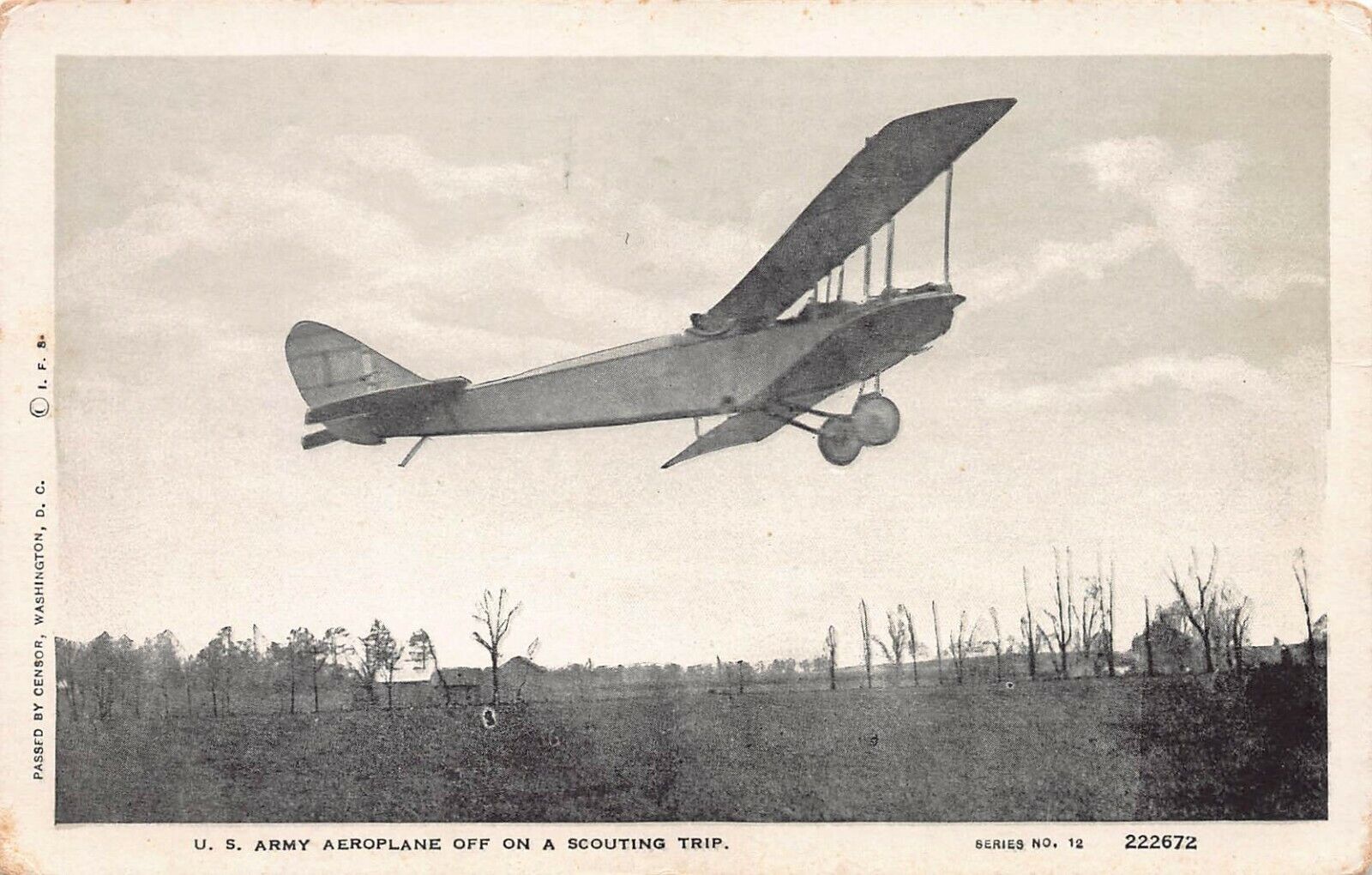 U.S. Army Aeroplane Off On a Scouting Trip, WWI Postcard, Passed by Army Censor