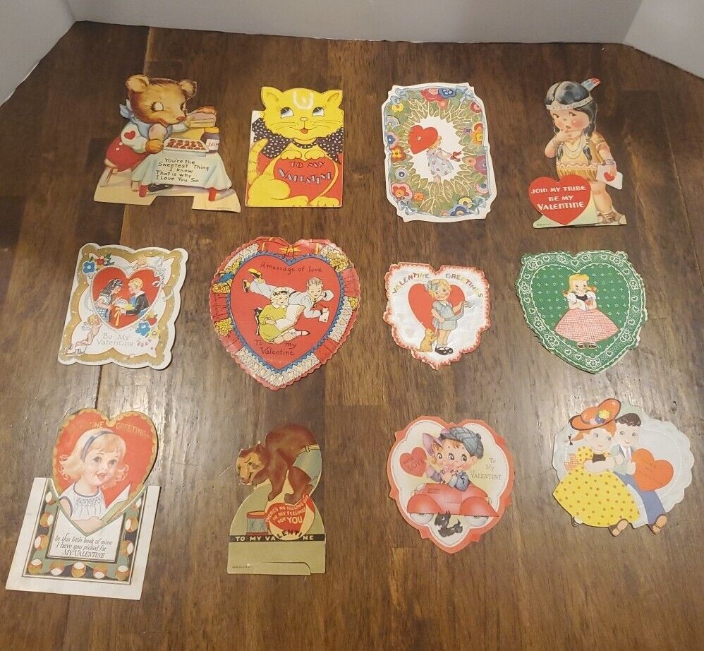 Vintage 1930’s 40’s  Valentine’s Day Card Lot of 12 Used Classroom Big Eye 