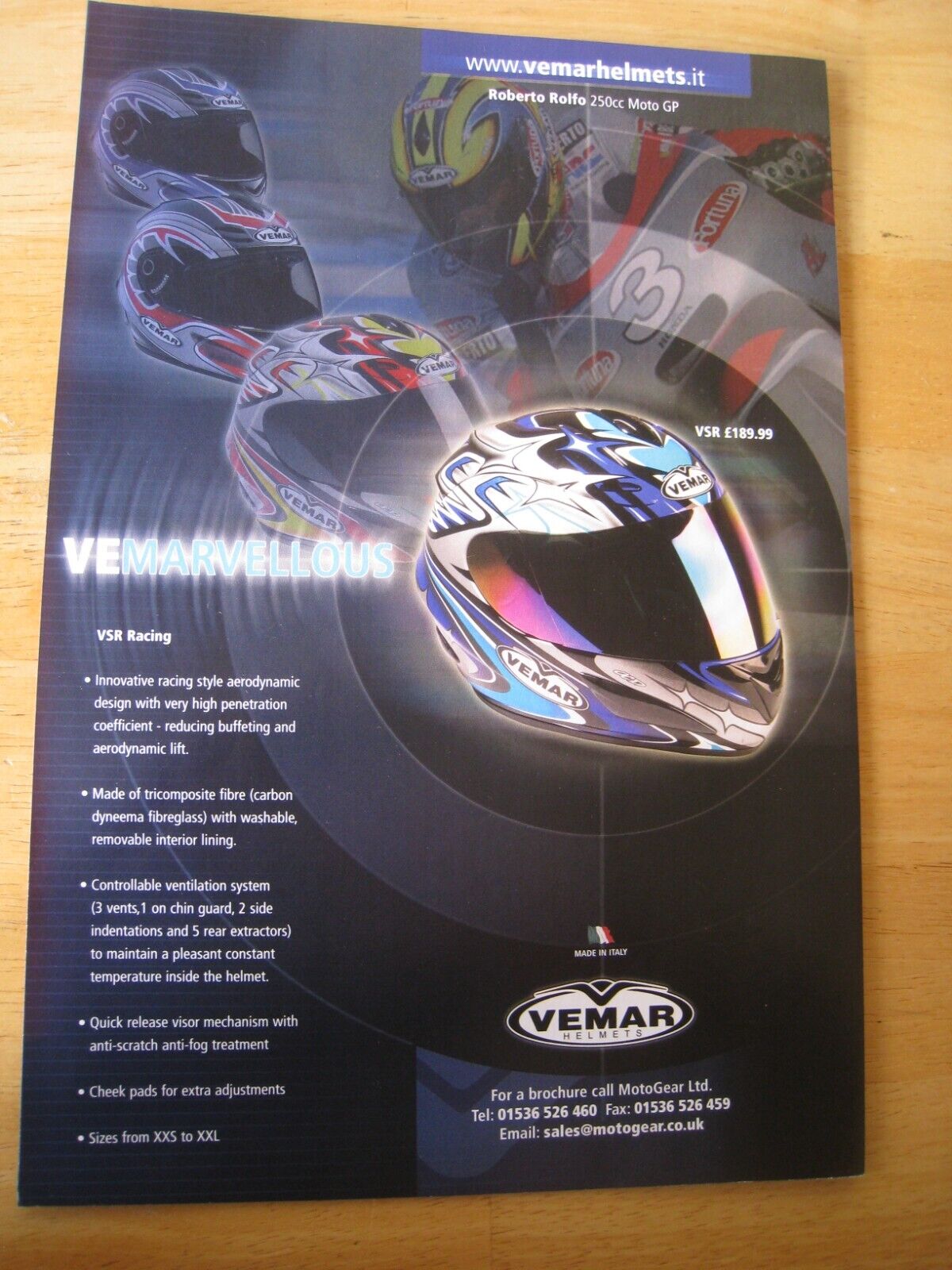 VEMAR HELMETS ROBERTO ROLFO 250cc MOTO GP HELMETS ITALY ADVERT A4 FILE 22