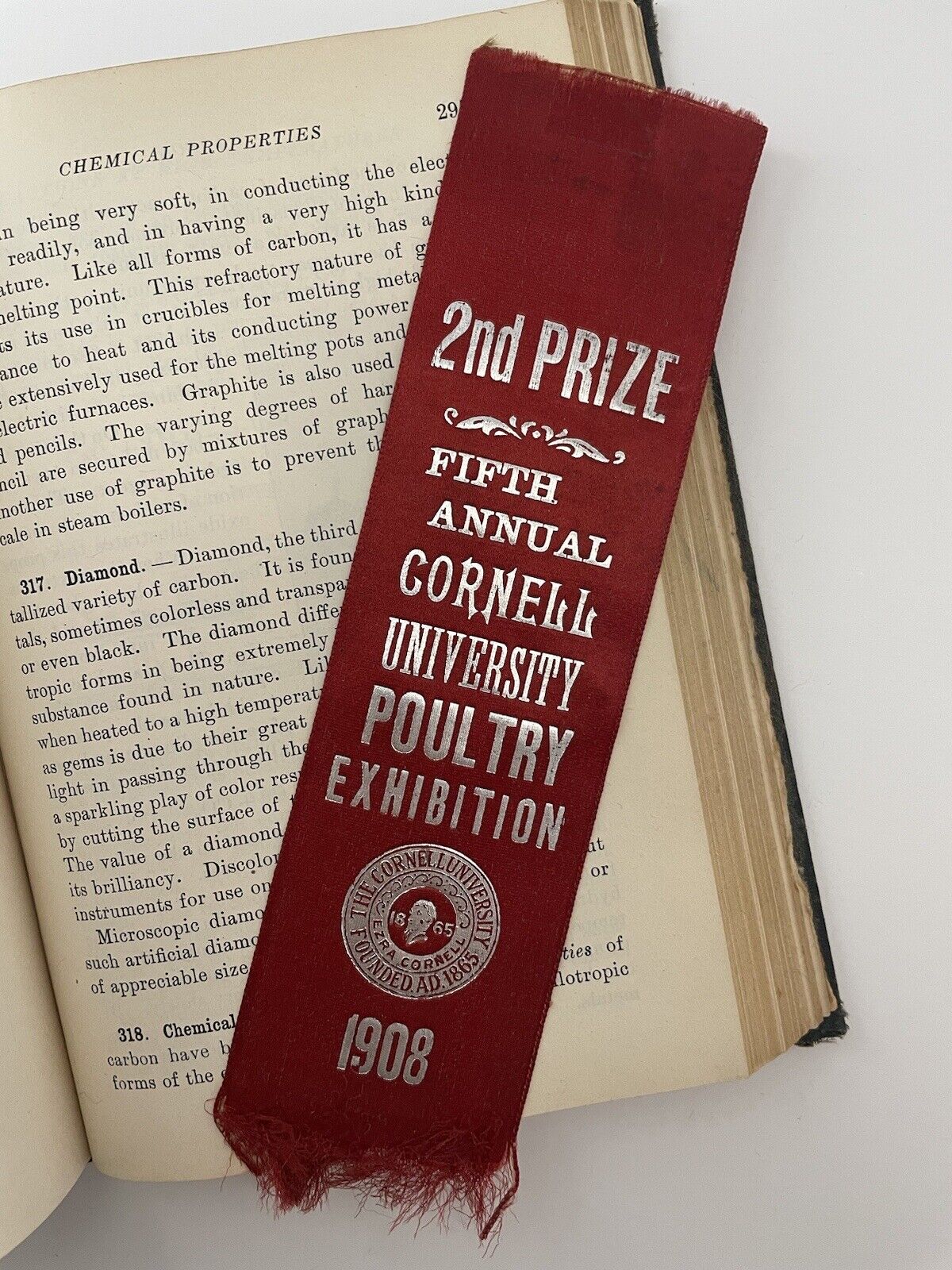 1908 Antique Historical Ephemera Ribbon Cornell University Poultry 2nd Prize