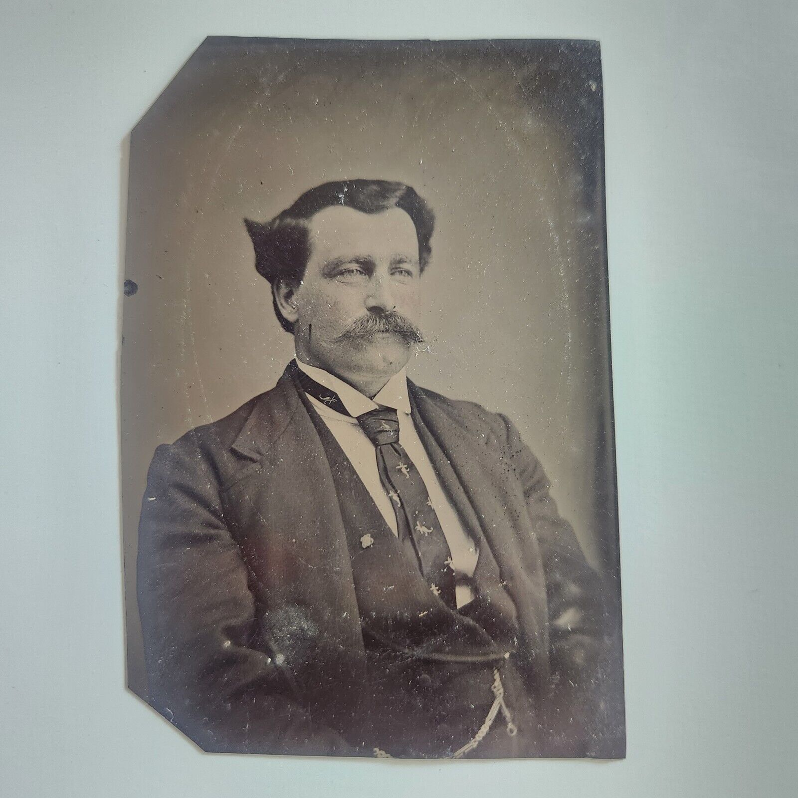 Antique Tintype Photograph Stylish Man Wild Hair Mustache Sharp Clear 1/6th