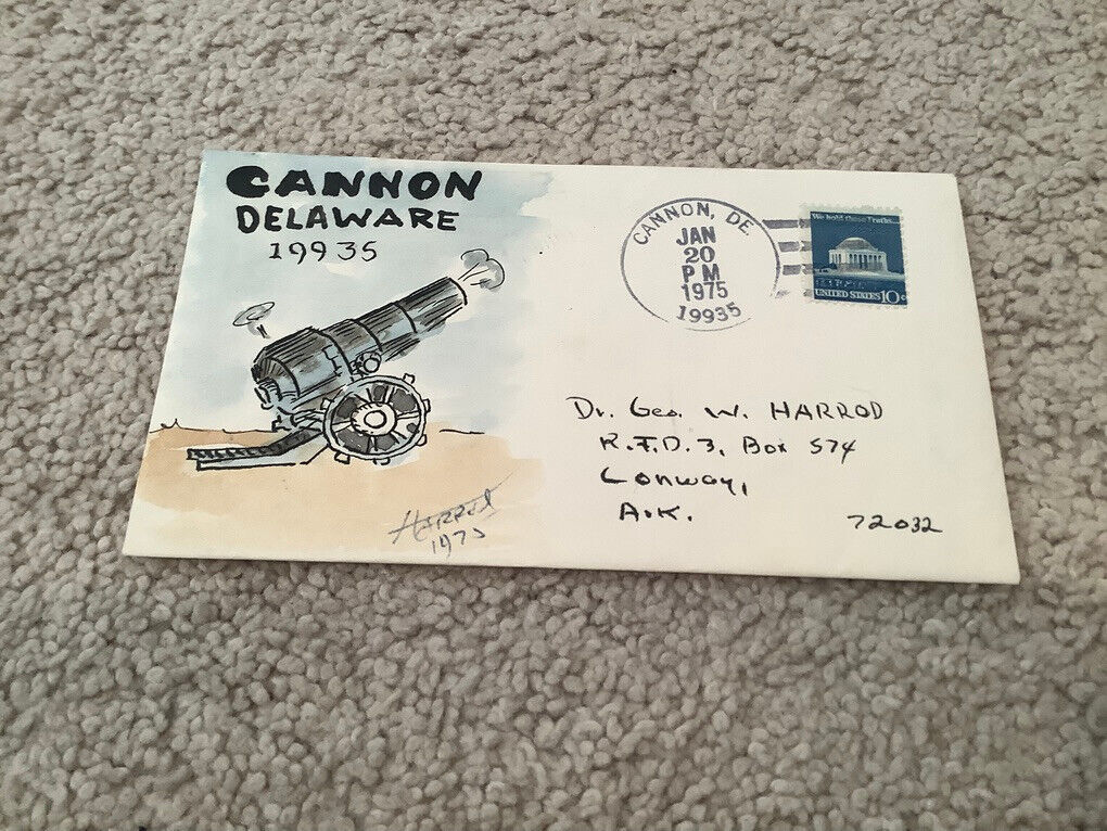 1975 CANNON Deleware: Signed FOLK ART WATERCOLOR Postal Cover GEORGE HARROD