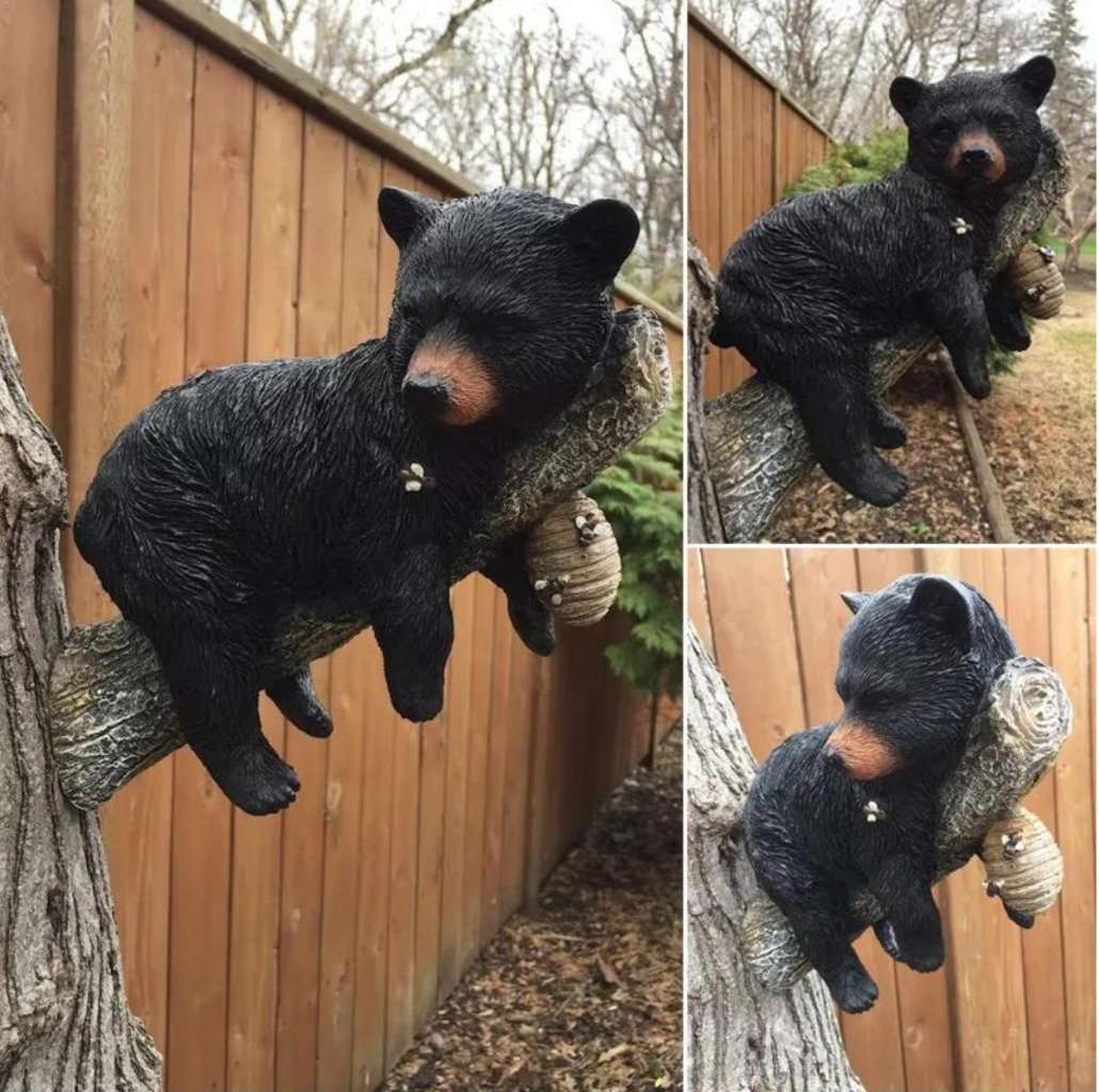 Black Bear Cub Figurine Standing On Tree Branch Statue Garden Home Decoration