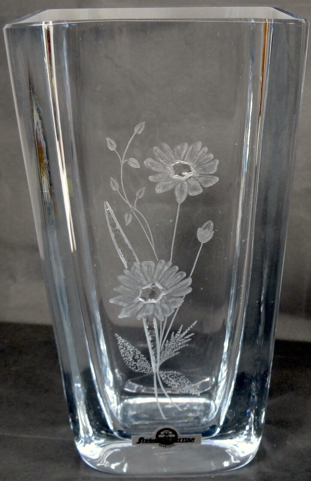 Strombergshyttan Crystal Vase Hand Blown Glass Pale Blue Engraved MCM Sweden Vtg