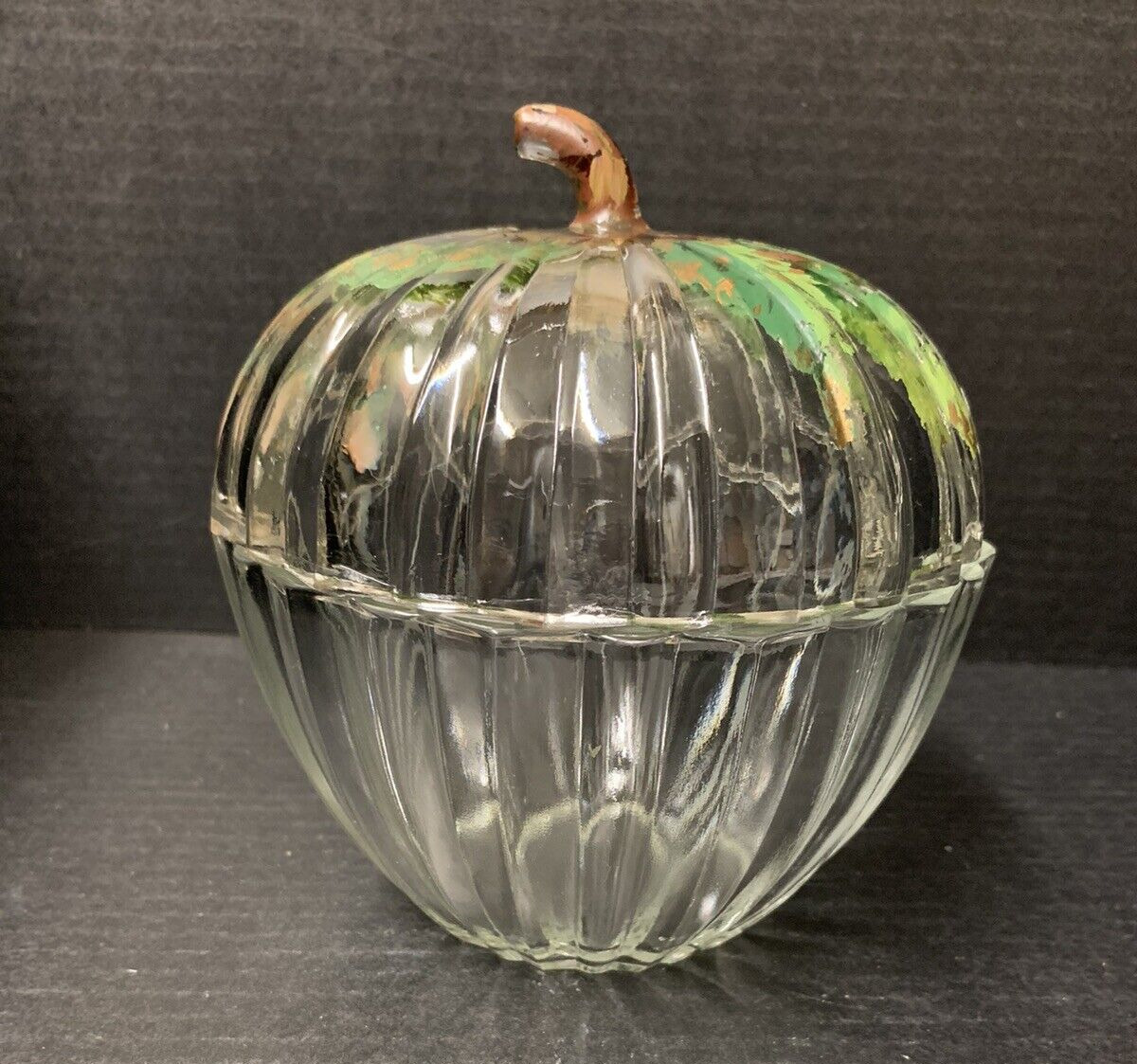 Apple Shaped Hand Painted Clear Glass Candy Jar  Lid 5.5\