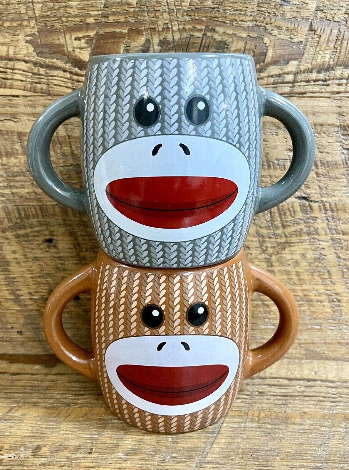 Sock Monkey Coffee Cocoa Mug Ceramic 16 oz Galerie Double Handle Cup Set of 2
