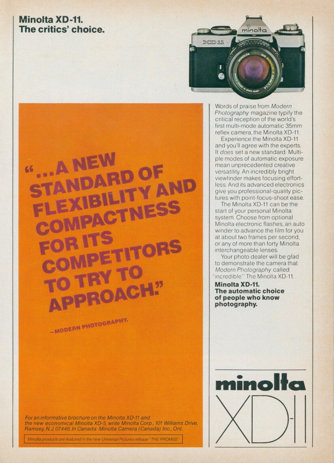 1979 Minolta XD 11 Camera Critics Automatic Choice Vintage Print Ad SI3