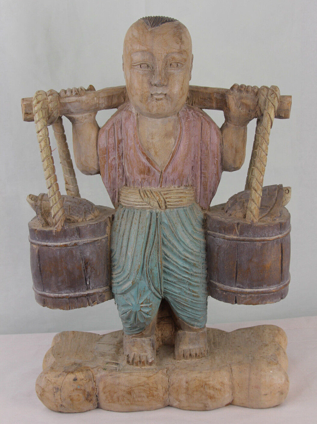 Huge Hand Carved Wooden Chinese Man With Buckets of Turtles - 20\