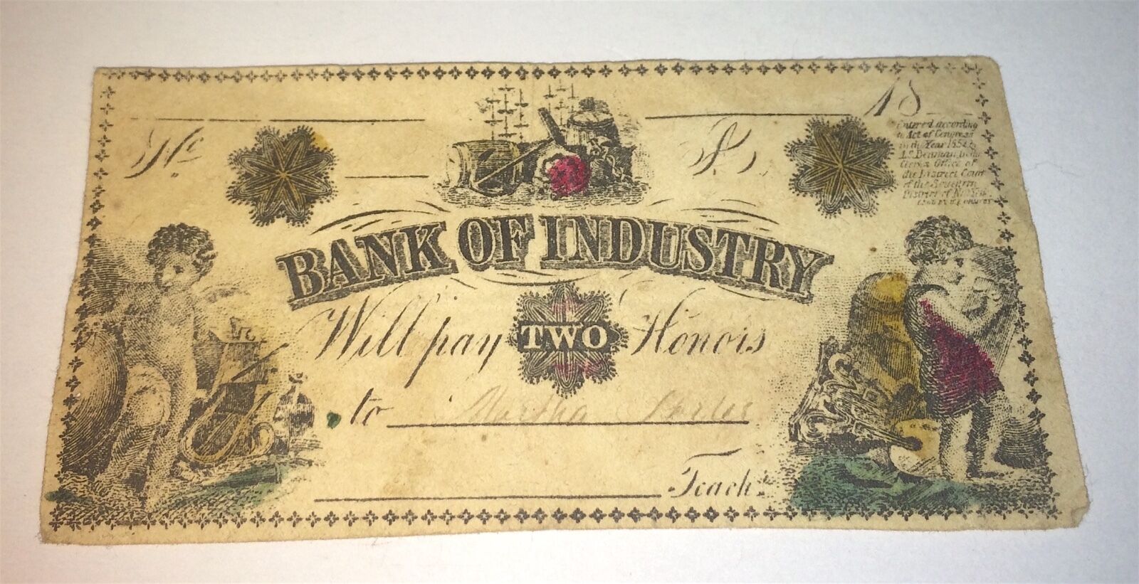 Rare Pre - Civil War American Reward of Merit Bank of Industry C.1850's School