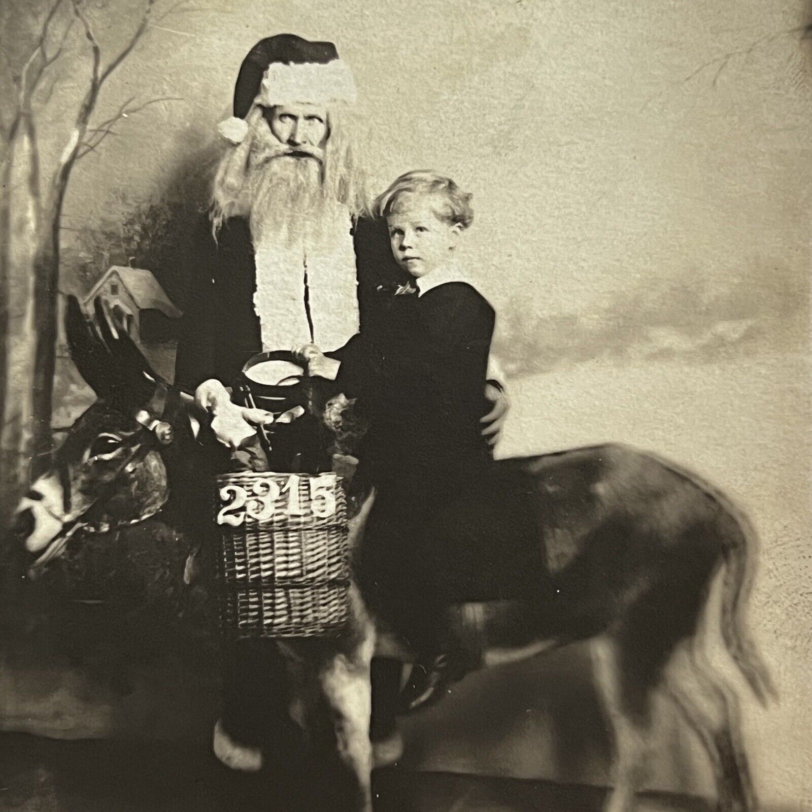 Antique RPPC Real Photograph Postcard Adorable Boy Spooky Santa Donkey Toys Odd
