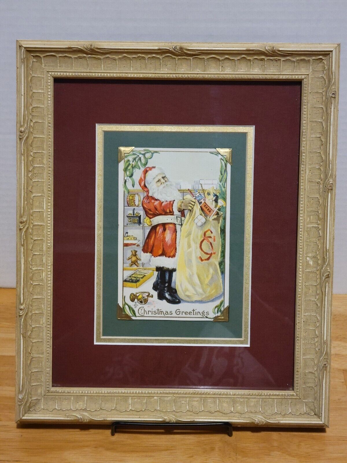 Antique 1911 Christmas Postcard Santa Claus Professionally Matted Framed 