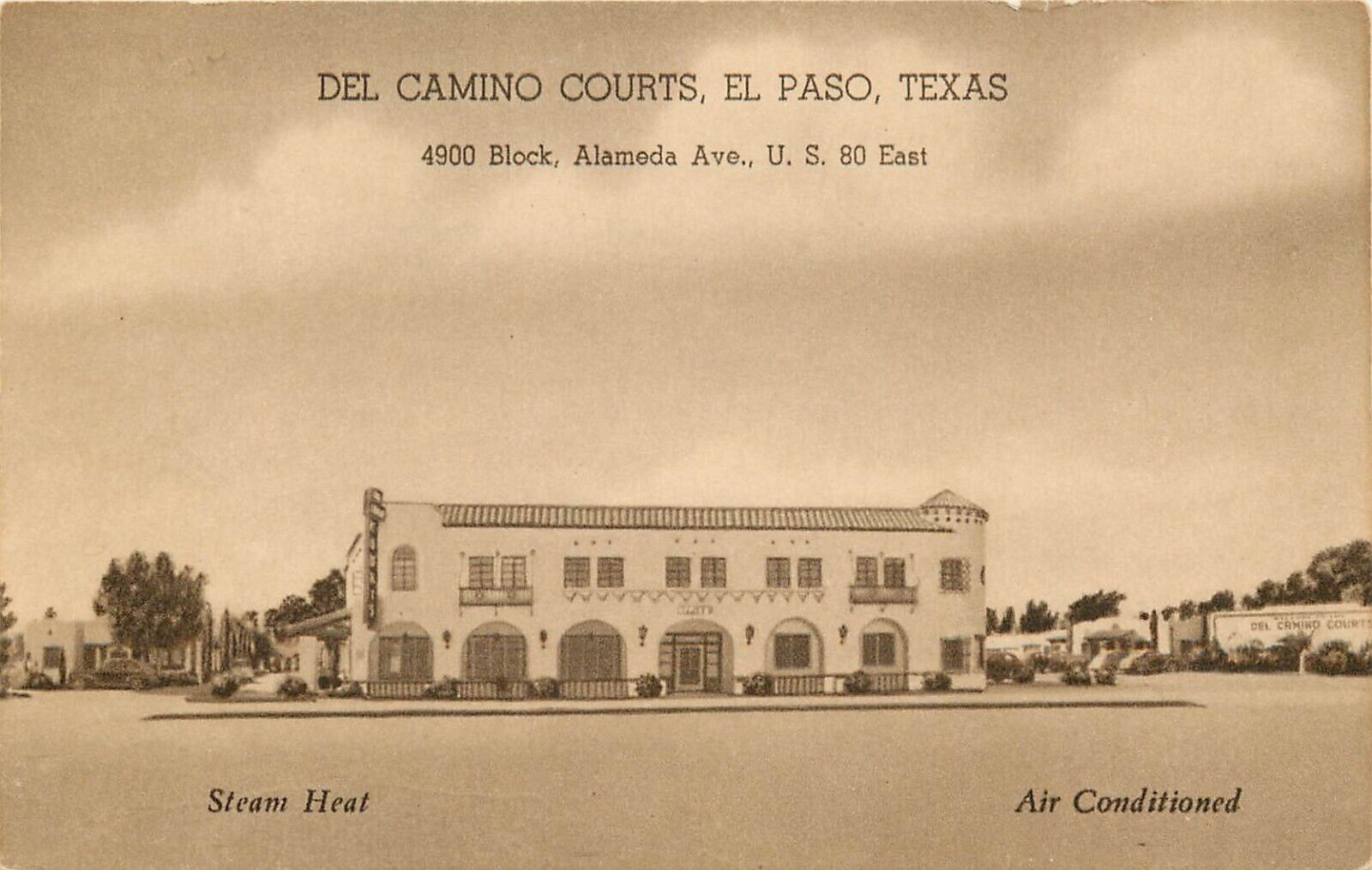 1930s Roadside Postcard; El Paso TX Del Camino Courts Motel, 4900 Alameda Ave